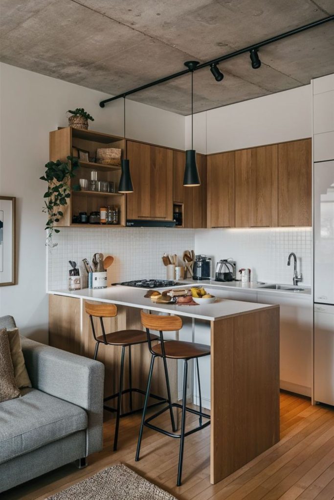 Warm wood open kitchen layout