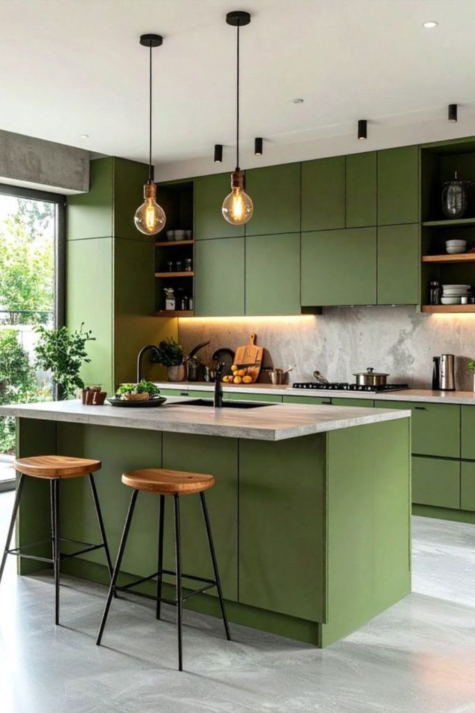 Wasabi green edgy contemporary kitchen interior.
