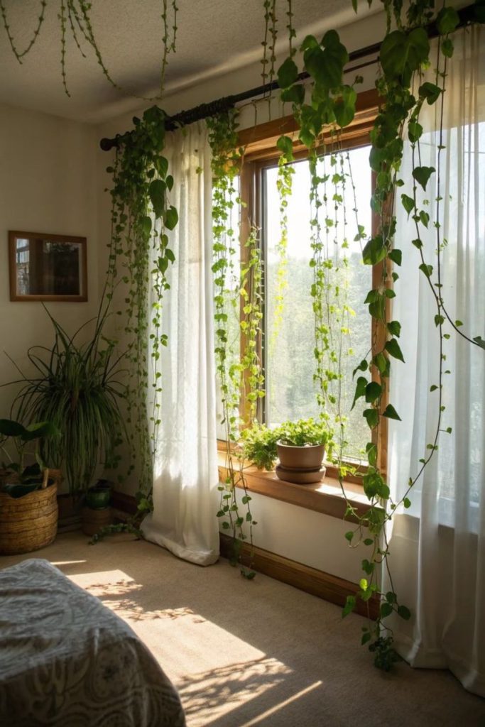 Sheer curtains fluttering over floor cushions
