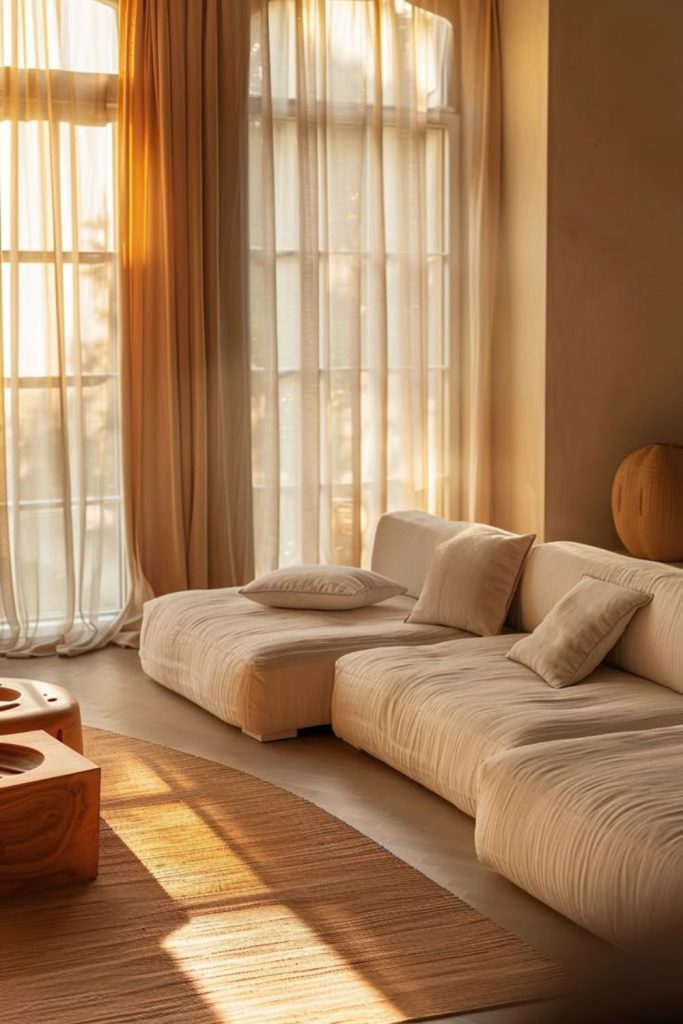 Sheer textiles flow gently around minimalist furniture.