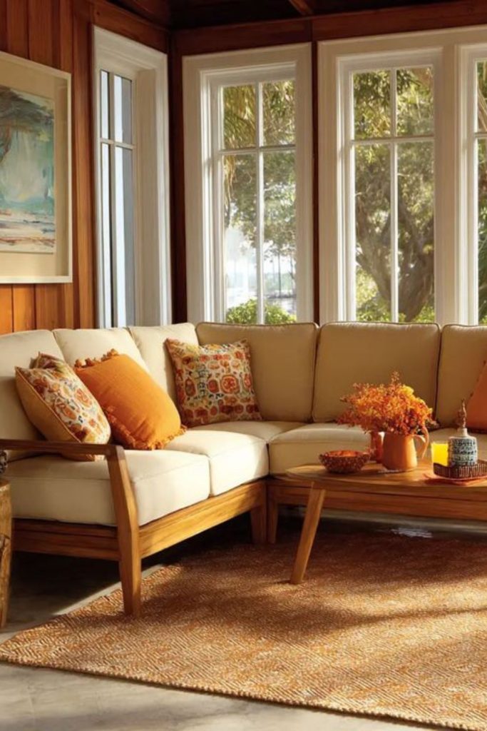 Warm wooden textures with soft cushions