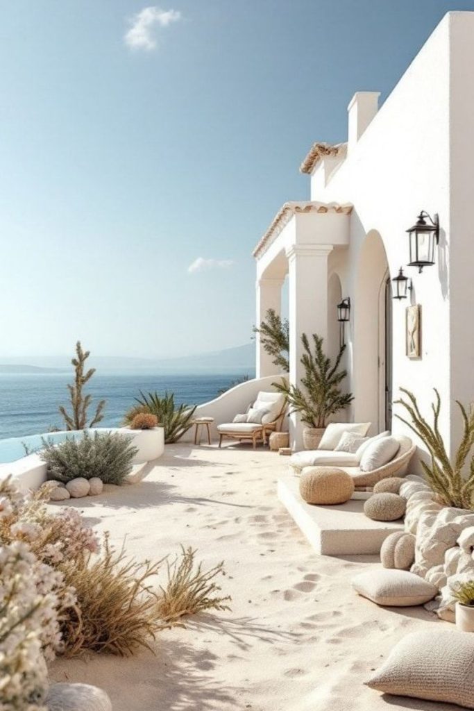 Whitewashed cliffside villa overlooking sea