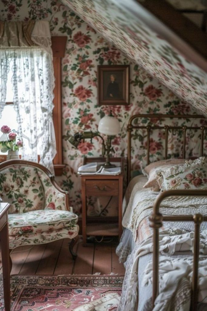 Floral attic bedroom with lace curtains