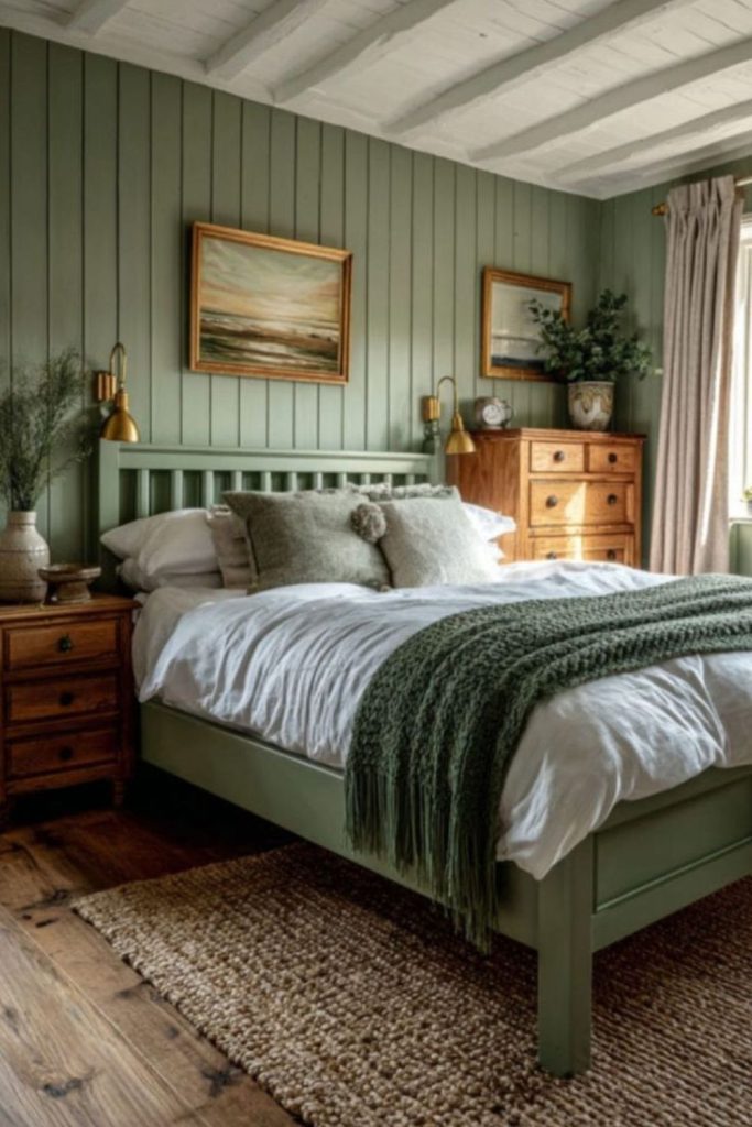 Willow green serene riverside vintage bedroom.