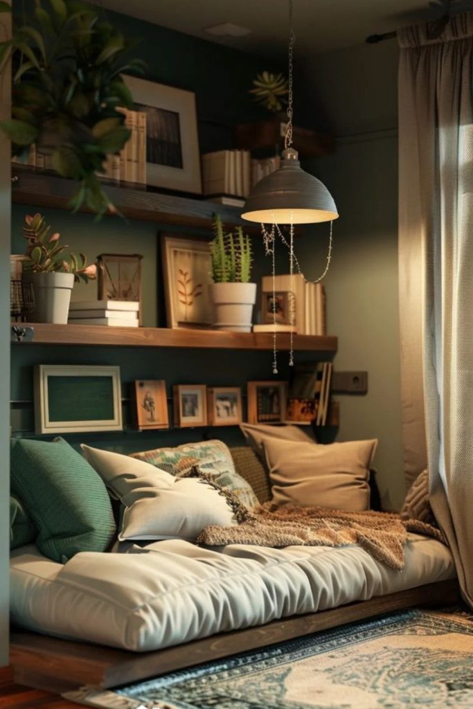 Lace reading nook with green shelves