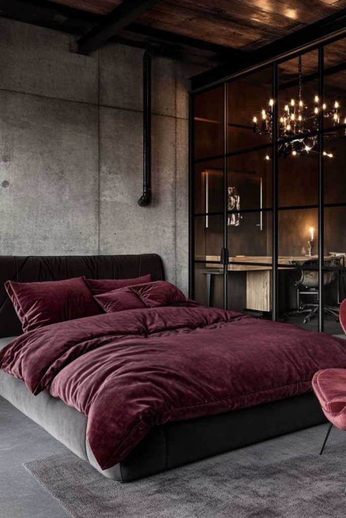 Industrial wine bedroom urban edgy vibe