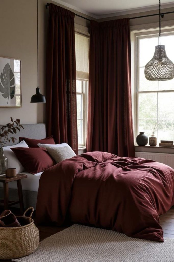 Rustic wine burgundy bedroom cozy style