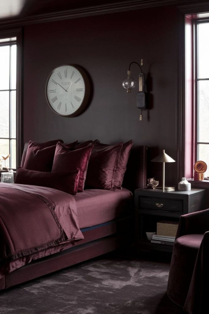 Dramatic burgundy bedroom plush velvet ambiance