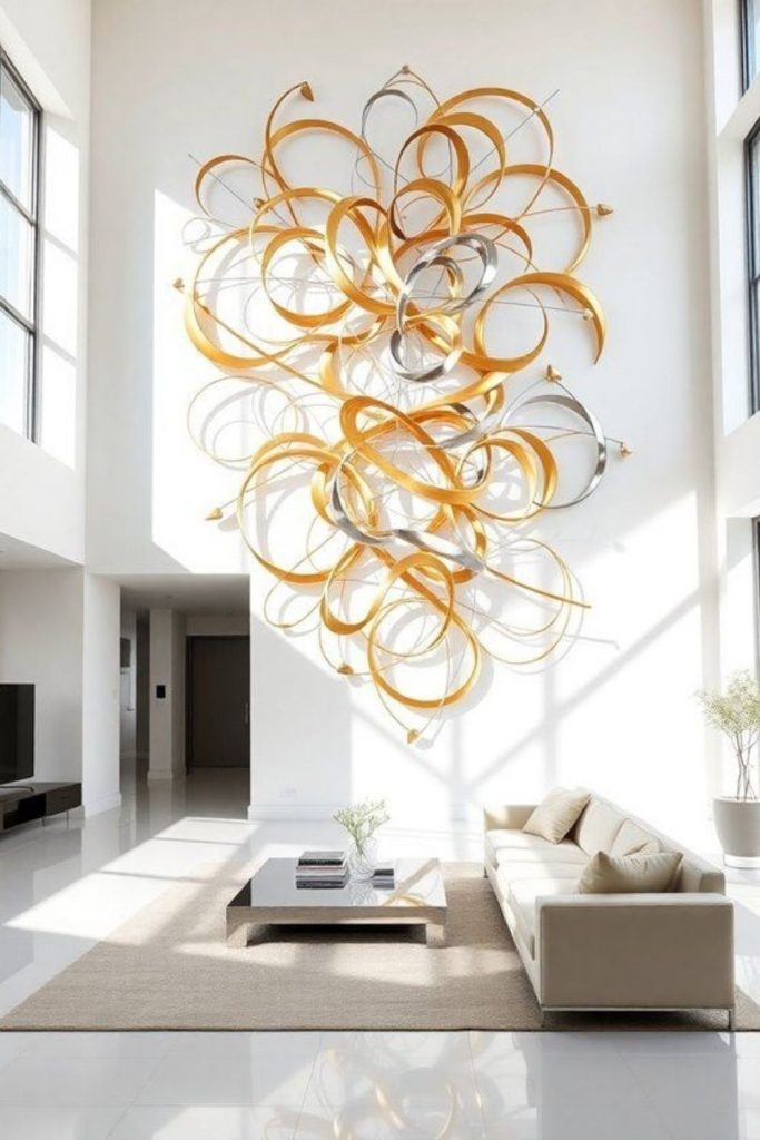 Wire sculptures create airy, geometric wall design.