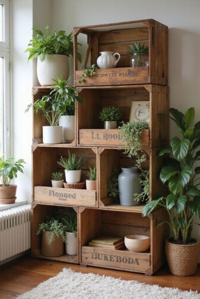 Stacked wooden crates holding plants and books