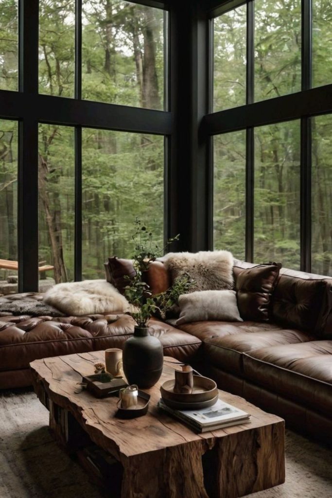 Forest-inspired rustic living area indoors.