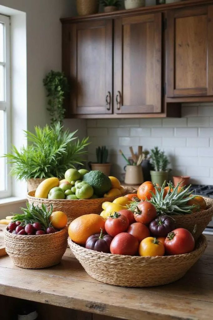 Wicker baskets filled with fresh vegetables.