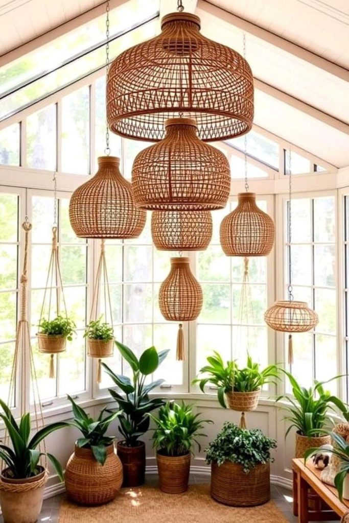 Rattan lanterns hanging at different heights