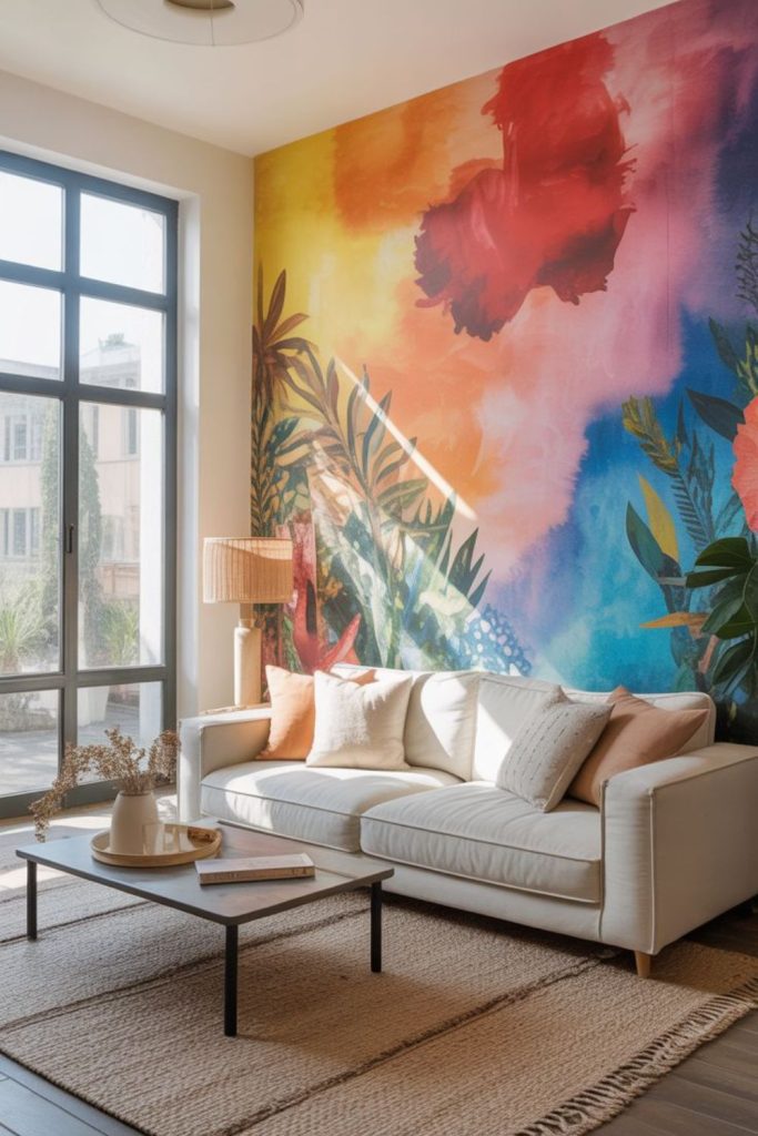 Bold accent wall energizing neutral interiors.