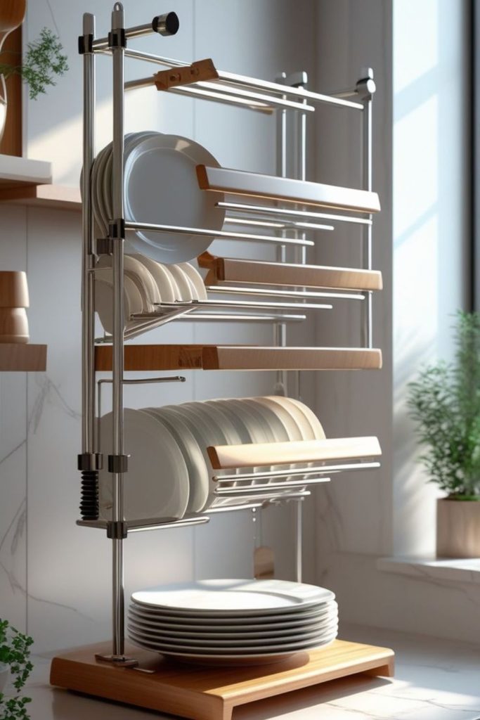 Adjustable racks pivoting plates and trays