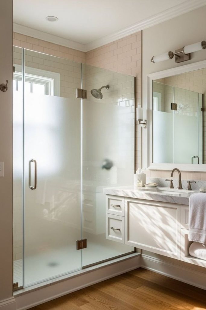 Triangular stone corner shower design.