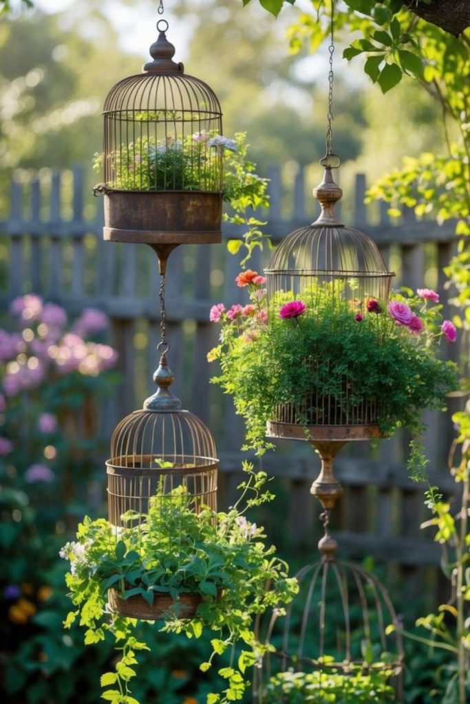 Decorative birdcage surrounded by flowers