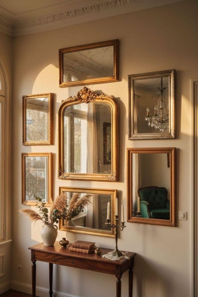 Antique style mirror on wall.
