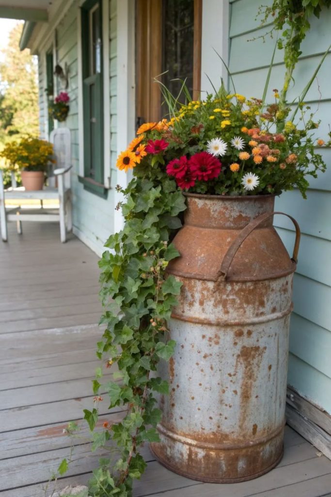 Rusted milk cans holding flowers