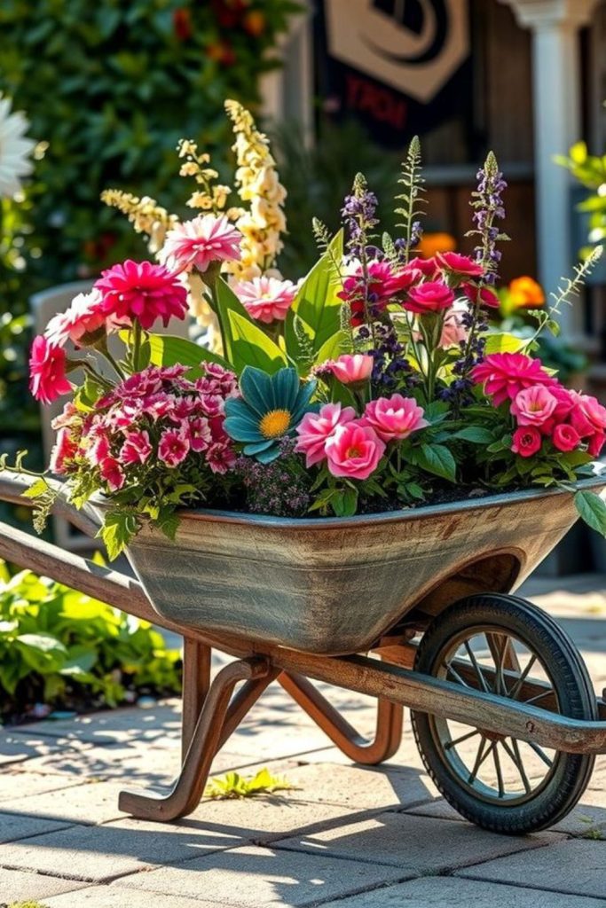 Rusted wheelbarrow overflowing with flowers