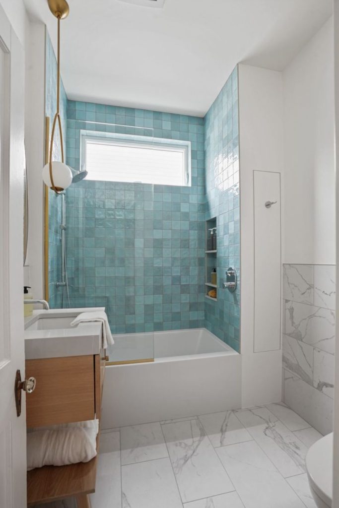 Teal mosaic compact bath shower