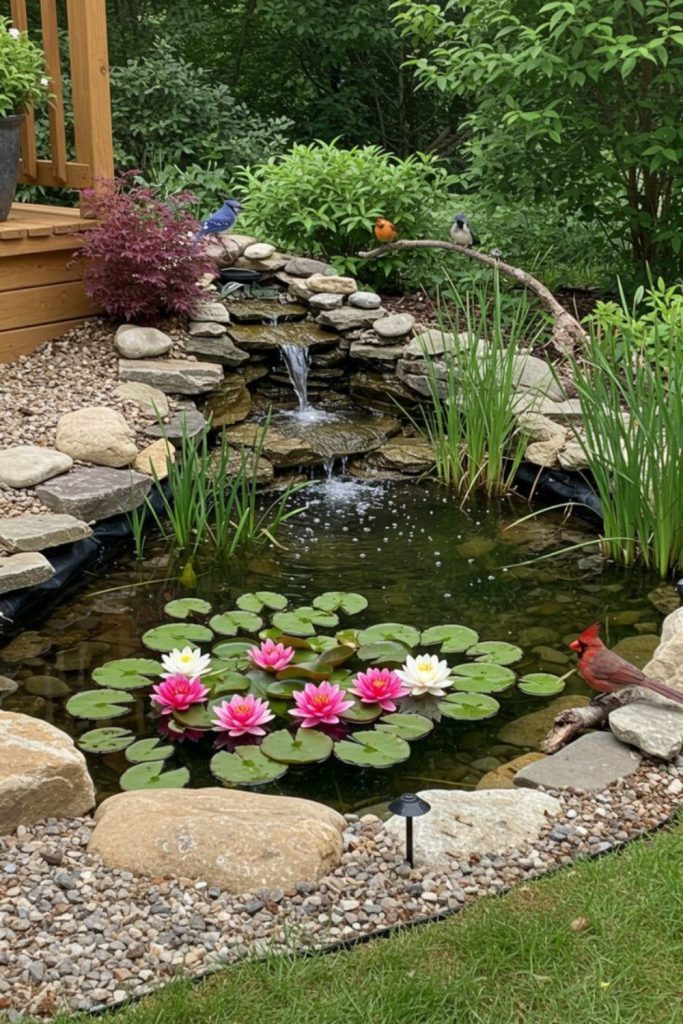 Small pond with floating water lilies.