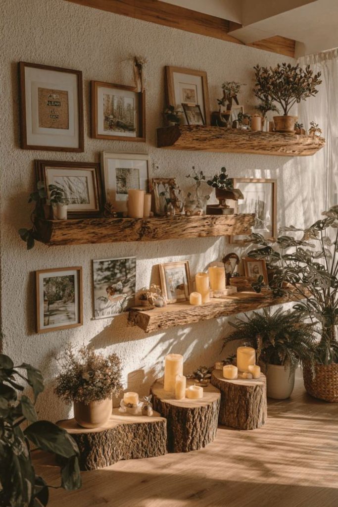 Handmade ceramics on wooden shelves