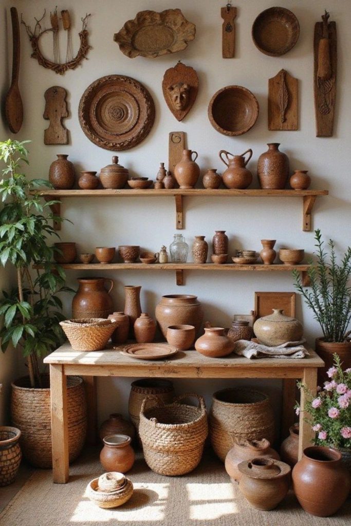 Handmade clay décor earthy space.