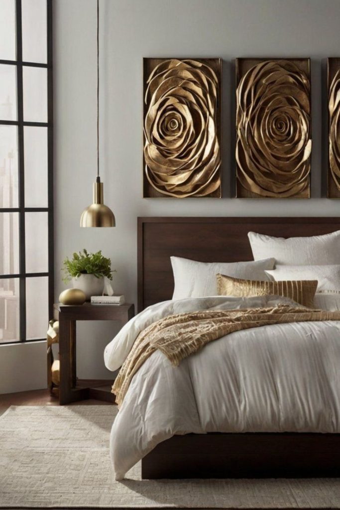 Decorative masks mounted above bed