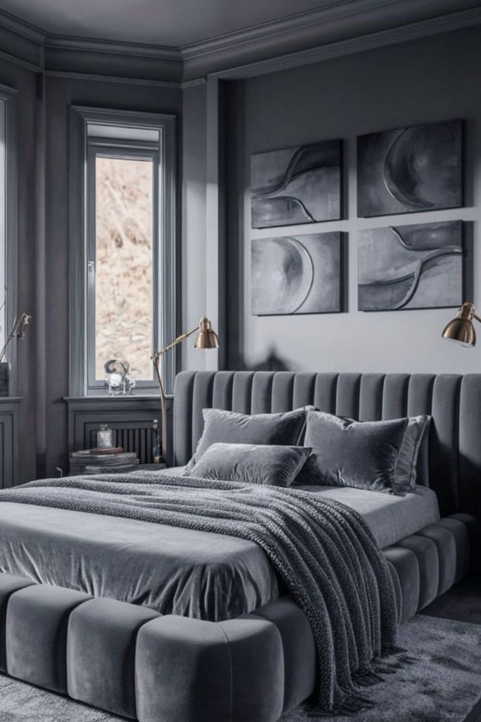 Gray velvet ambient moody bedroom