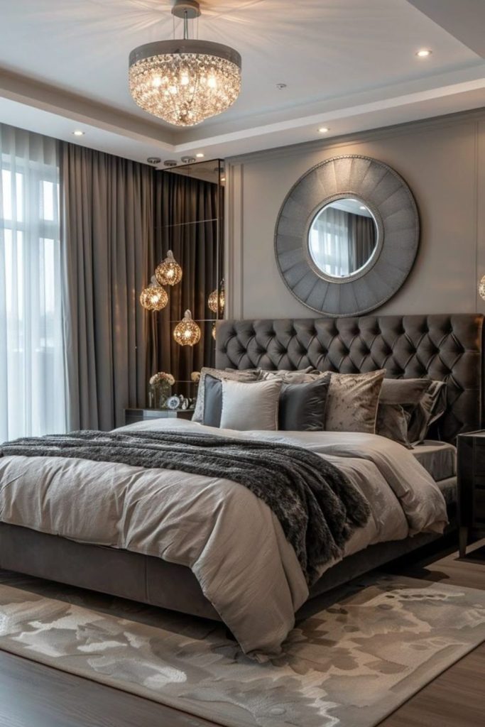 Gray shimmering soft cozy bedroom