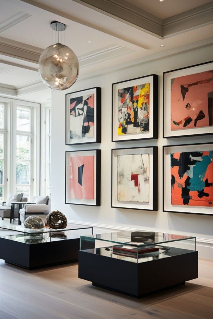 Angled canvases creating dramatic visual tension.