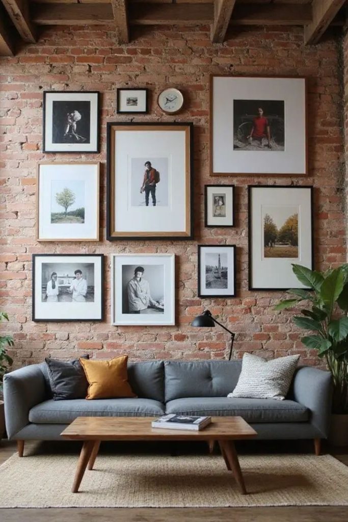 Black frame industrial grid on brick wall.