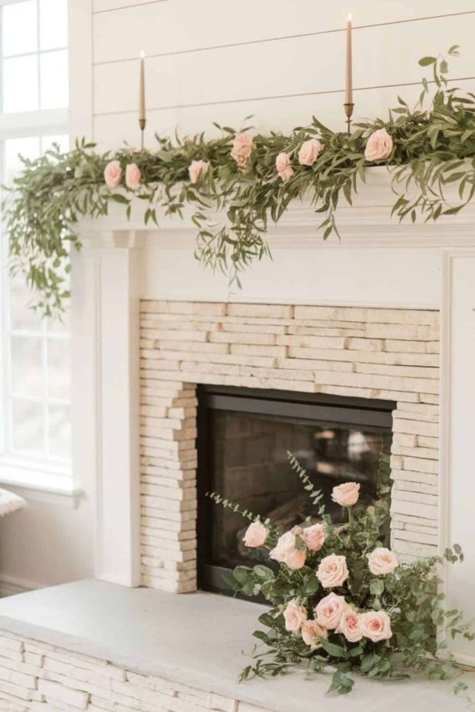 Vibrant tulips and vines over mantel