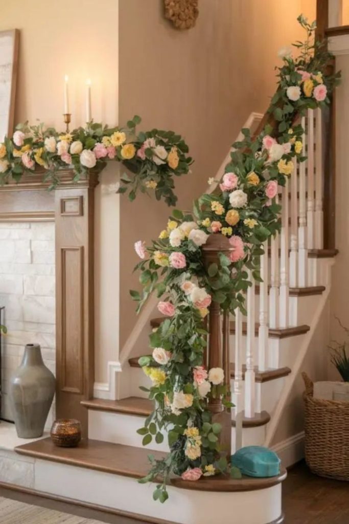 Staircase garland with spring blooms.