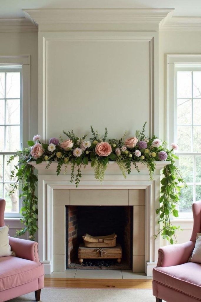 Blossom garland mantel with soft florals.