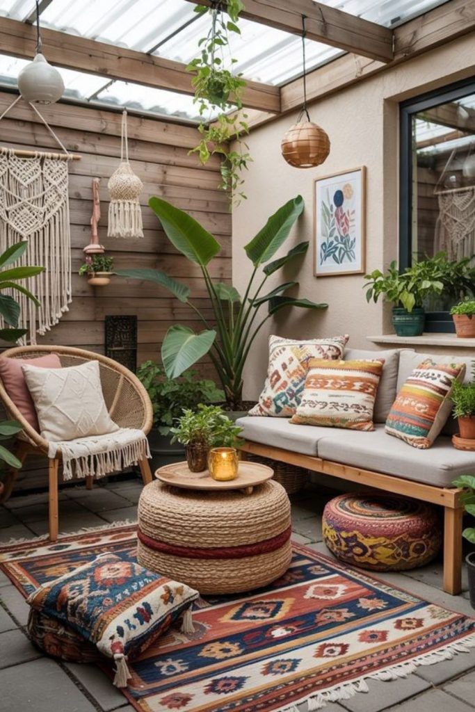 Boho drift deck with layered rugs