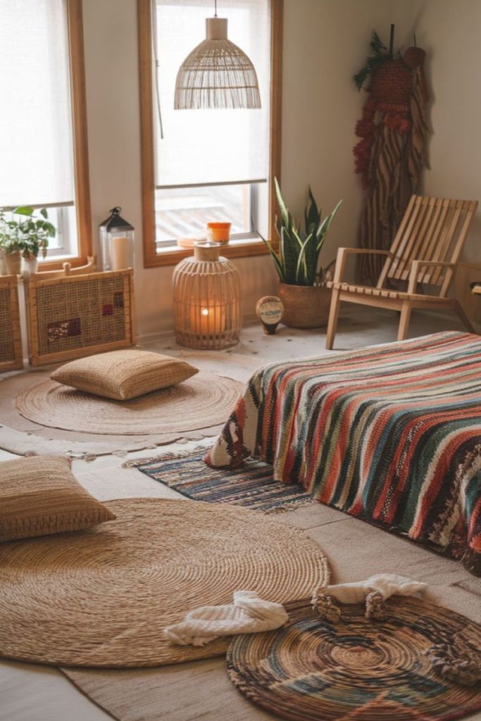 Bohemian space with rugs and macramé