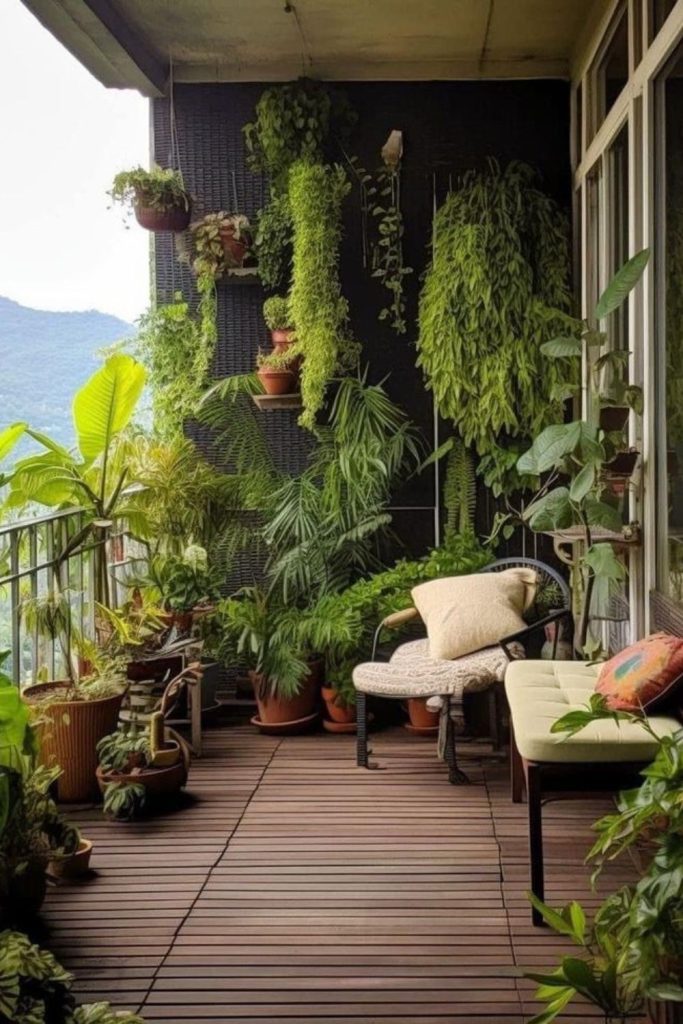 Lush botanical terrace with flowing ivy
