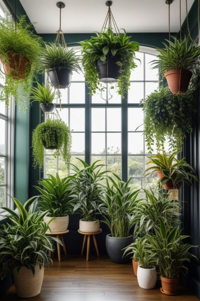 Green indoor space with hanging plants
