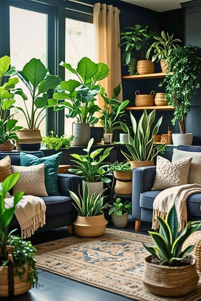 Lush indoor plants in chaotic arrangement