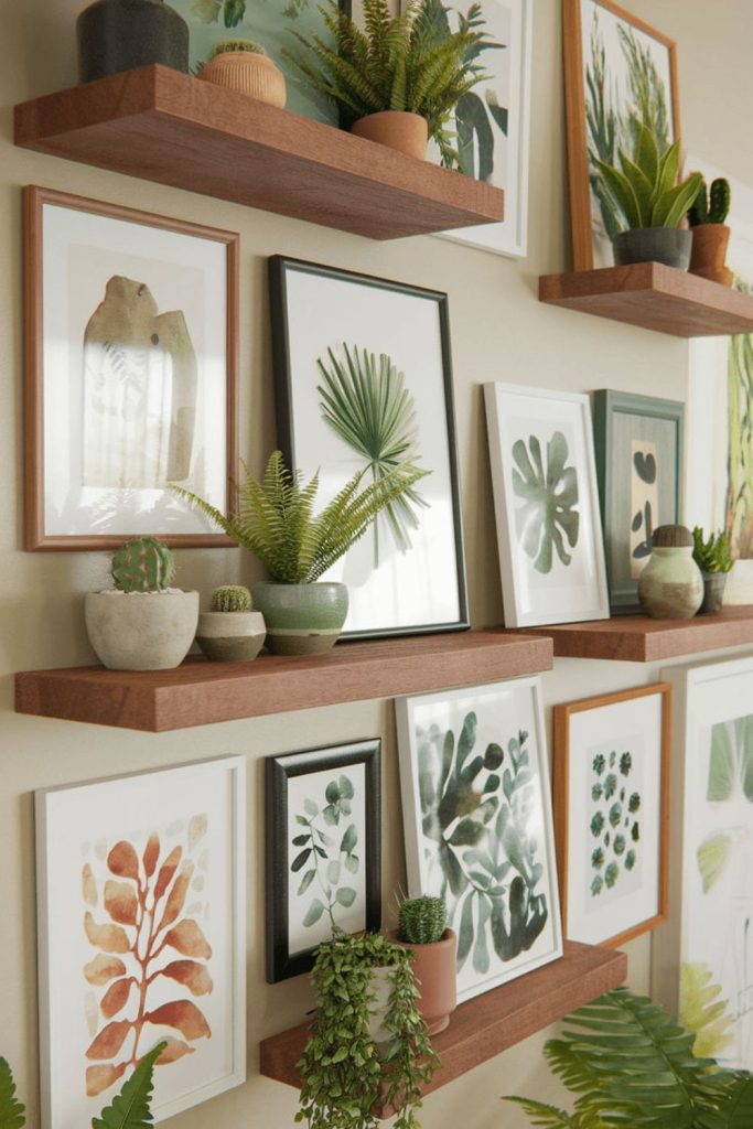 Botanical print cluster wooden frame display.