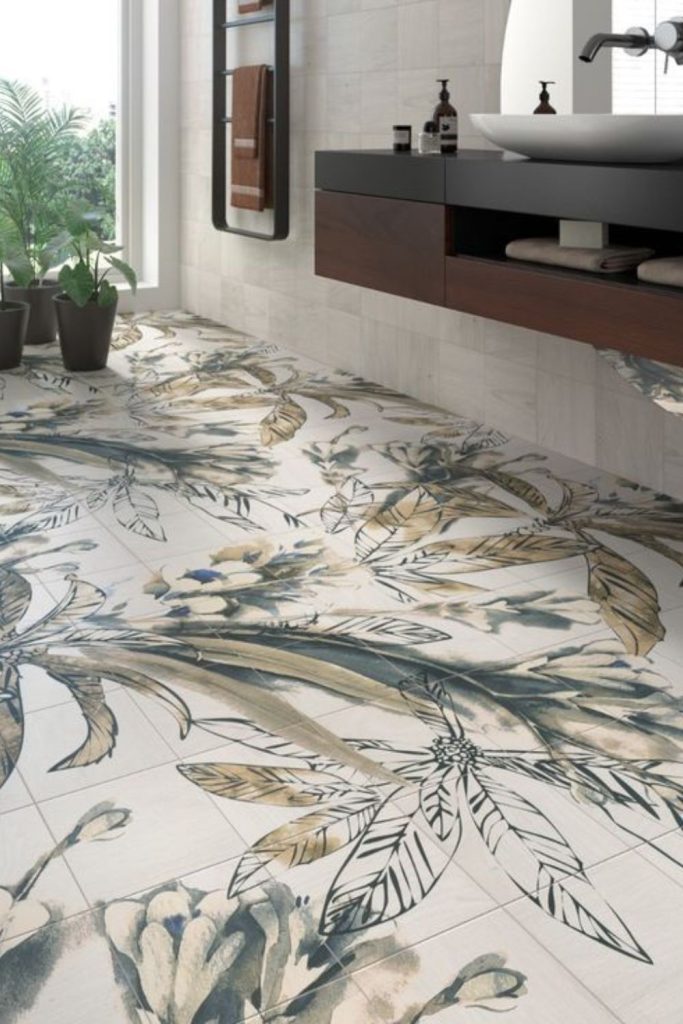 Tropical leaf patterned bathroom floor