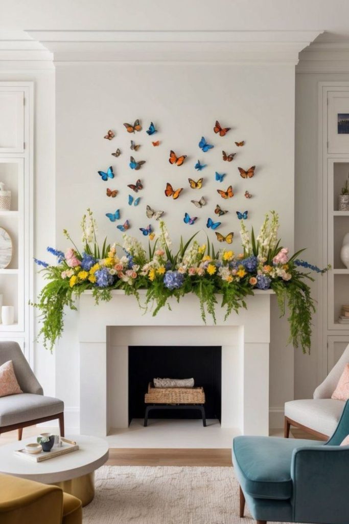 Fabric butterflies hovering over mantel