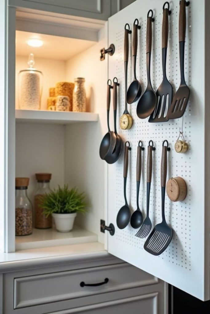 Hooks inside cabinet doors for utensils