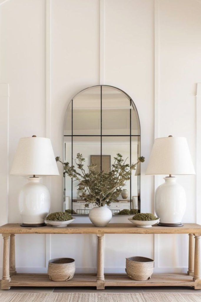 Symmetrical lamps styled on console.