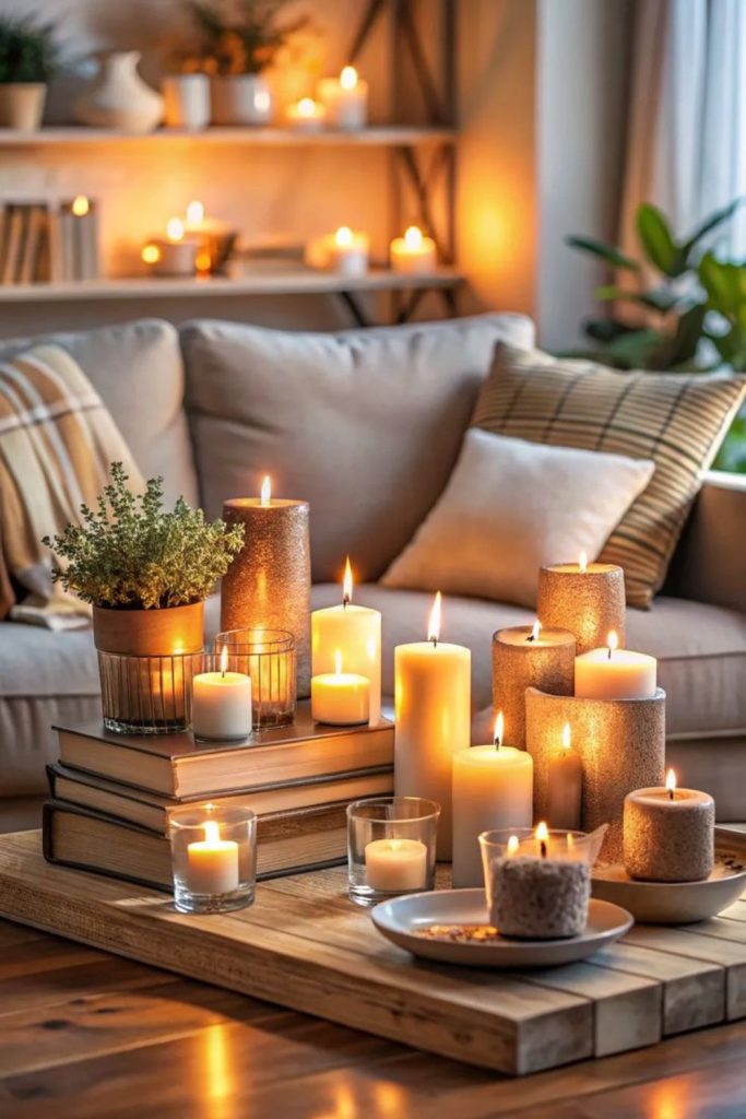 Grouped candles enhance warm ambiance