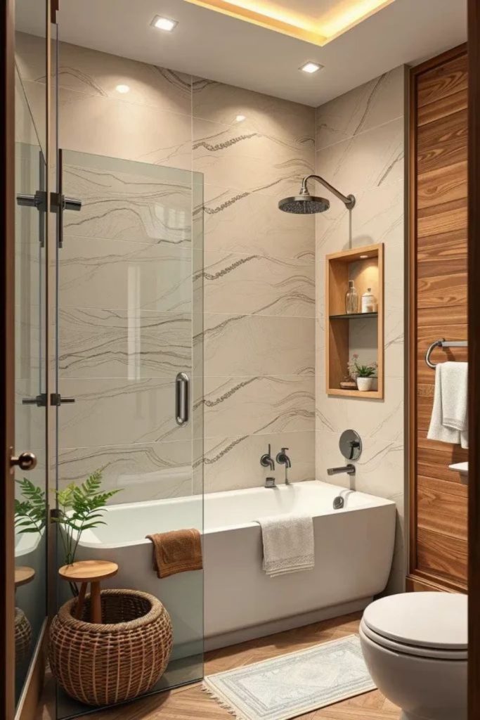 Cedar wood accent spa bathroom