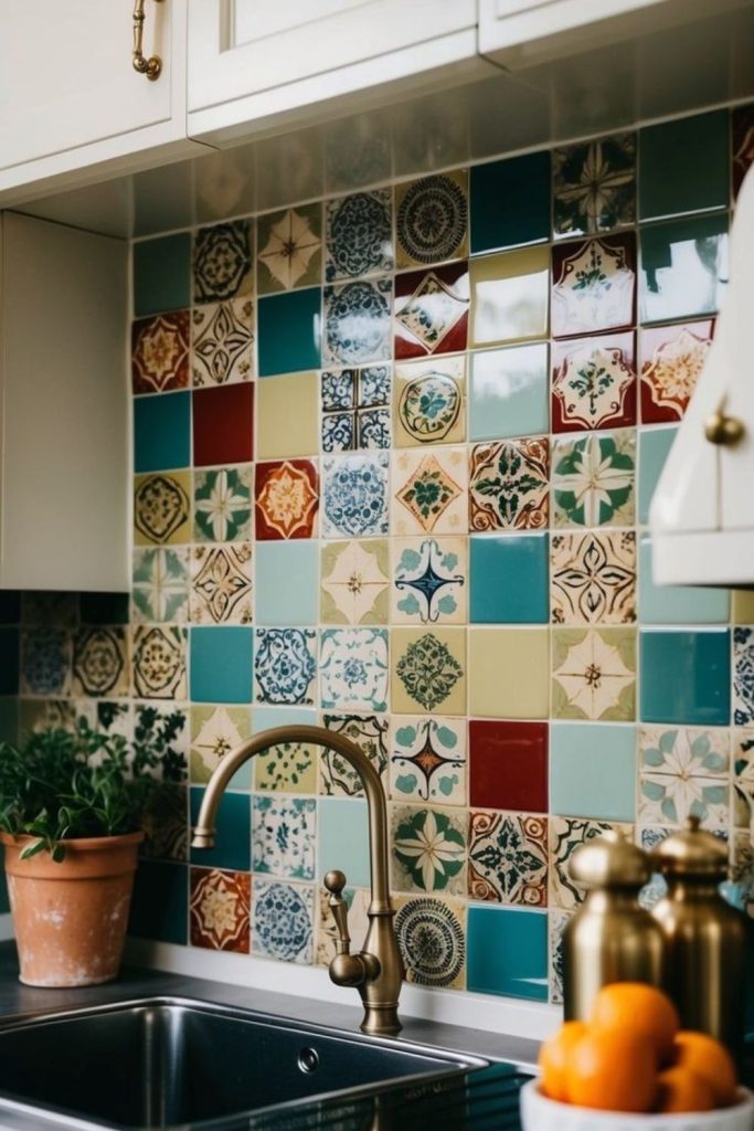 Colorful hand-painted ceramic tile patchwork