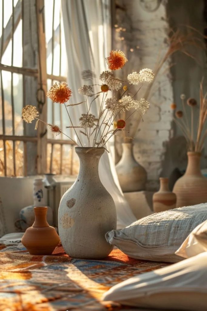 Artistic room with scattered earthenware vases